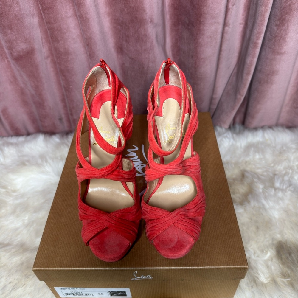 Christian Louboutin Kasia Strappy Coral Salmon Suede Leather Sandal Heels 38 - Picture 6 of 9